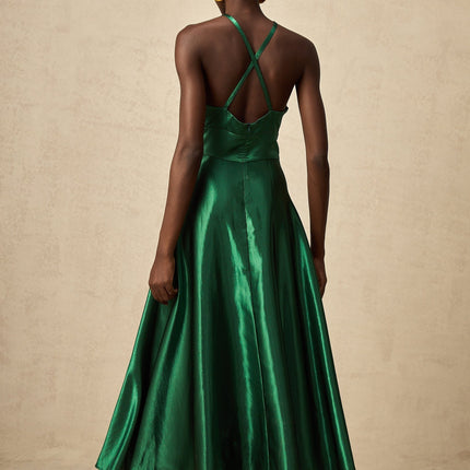 Kaitlyn Midi Dress in Emerald Green Sleeveless V-Neck Open Back Pleated Detailing Satin Spaghetti Straps Rear Zip Fastening