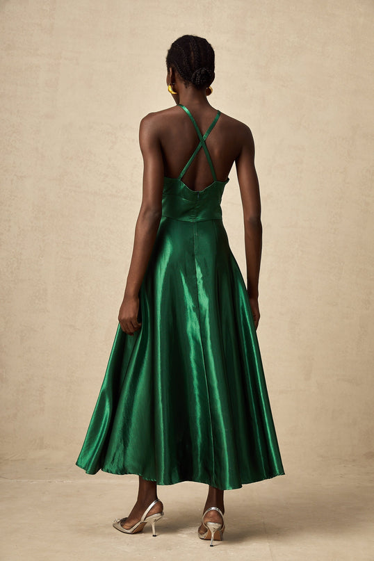 Kaitlyn Midi Dress in Emerald Green Sleeveless V-Neck Open Back Pleated Detailing Satin Spaghetti Straps Rear Zip Fastening