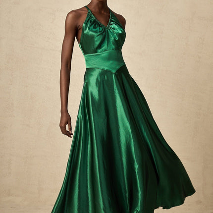 Kaitlyn Midi Dress in Emerald Green with V-neck design and open back