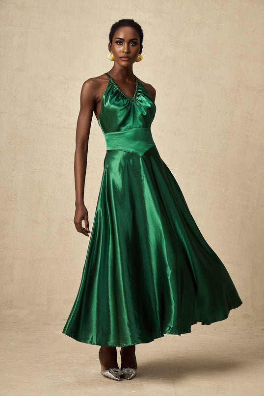 Kaitlyn Midi Dress in Emerald Green with V-neck design and open back