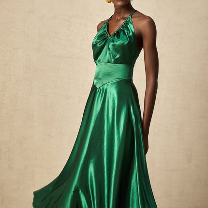 Kaitlyn Midi Dress in Emerald Green with V-Neck and Open Back