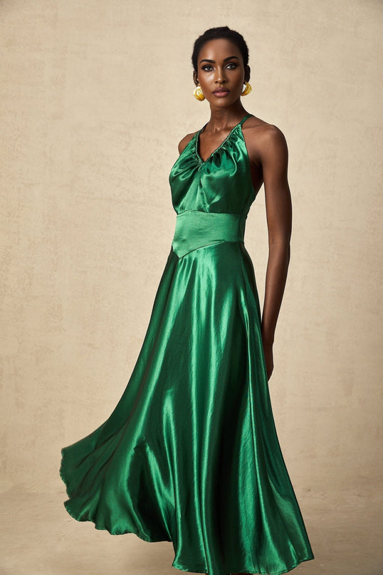 Kaitlyn Midi Dress in Emerald Green with V-Neck and Open Back