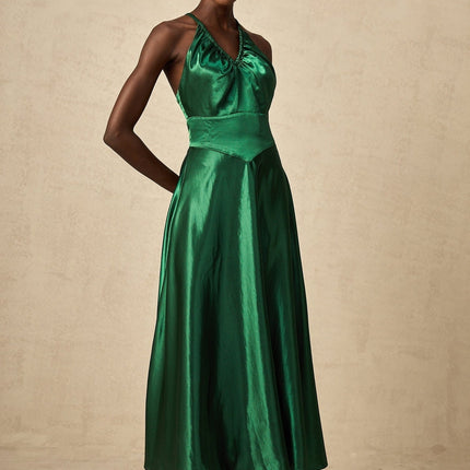 Kaitlyn Midi Dress in Emerald Green Sleeveless V-Neck Open Back Pleated Detailing Polyester Spandex Satin Straps Zip Fastening