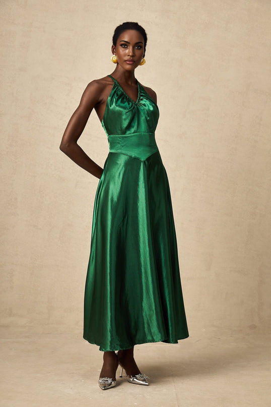 Kaitlyn Midi Dress in Emerald Green Sleeveless V-Neck Open Back Pleated Detailing Polyester Spandex Satin Straps Zip Fastening