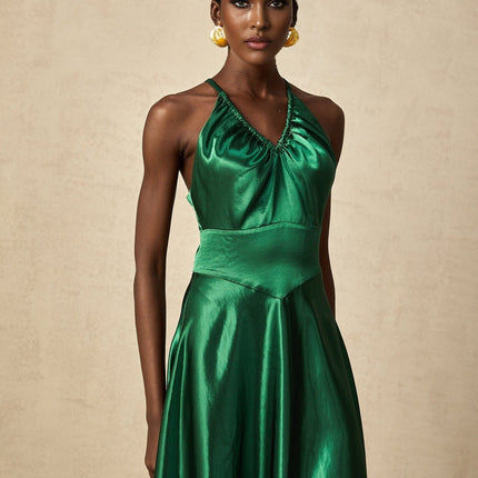 Kaitlyn Midi Dress in Emerald Green Sleeveless V-Neck Open Back Pleated Detailing Spaghetti Straps Rear Zip Fastening