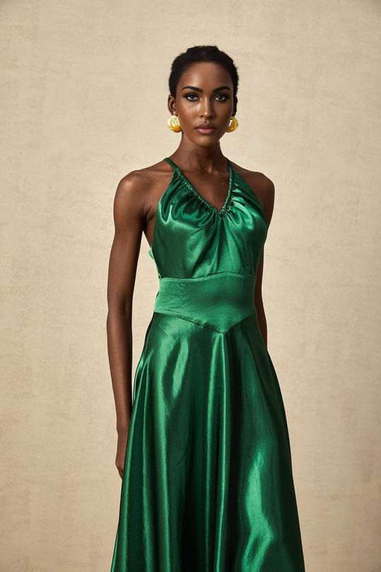 Kaitlyn Midi Dress in Emerald Green Sleeveless V-Neck Open Back Pleated Detailing Spaghetti Straps Rear Zip Fastening
