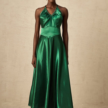 Kaitlyn Midi Dress in Emerald Green Sleeveless V-Neck Open Back Pleated Detailing