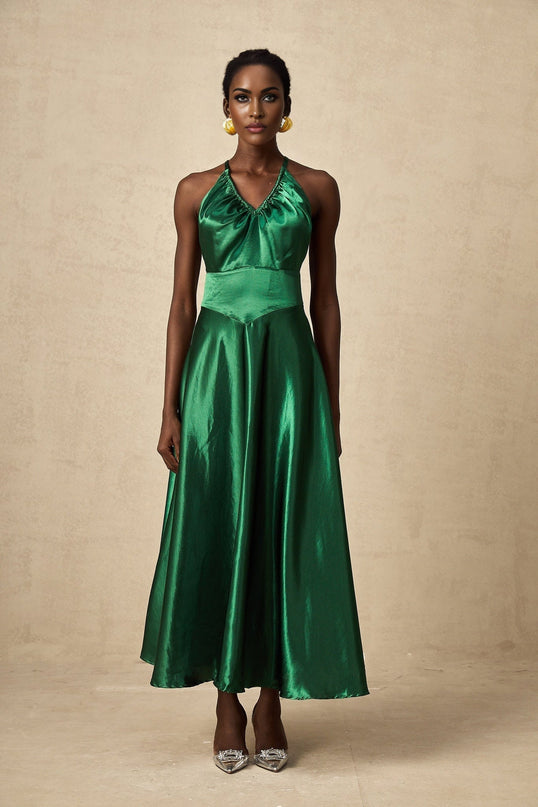 Kaitlyn Midi Dress in Emerald Green Sleeveless V-Neck Open Back Pleated Detailing