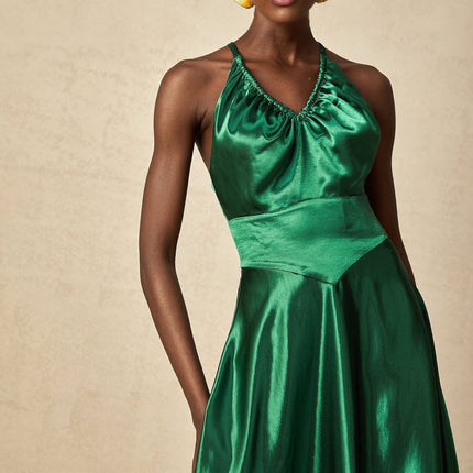 Kaitlyn Midi Dress in Emerald Green with V-Neck and Open Back