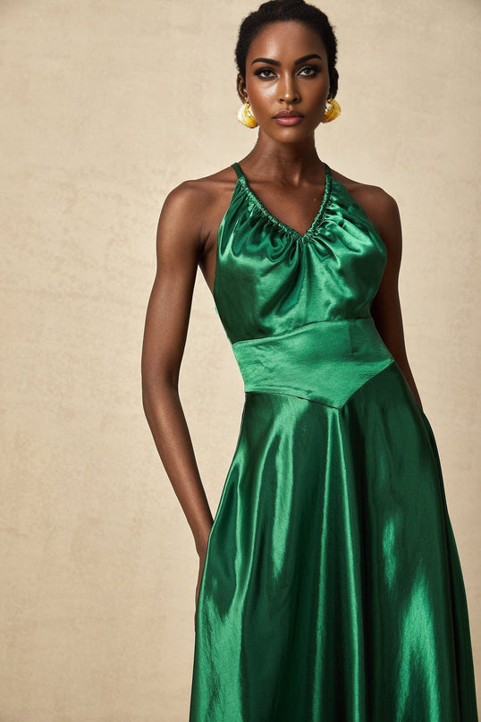 Kaitlyn Midi Dress in Emerald Green with V-Neck and Open Back