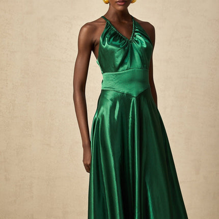 Kaitlyn Midi Dress in Emerald Green with V-neck design and open back