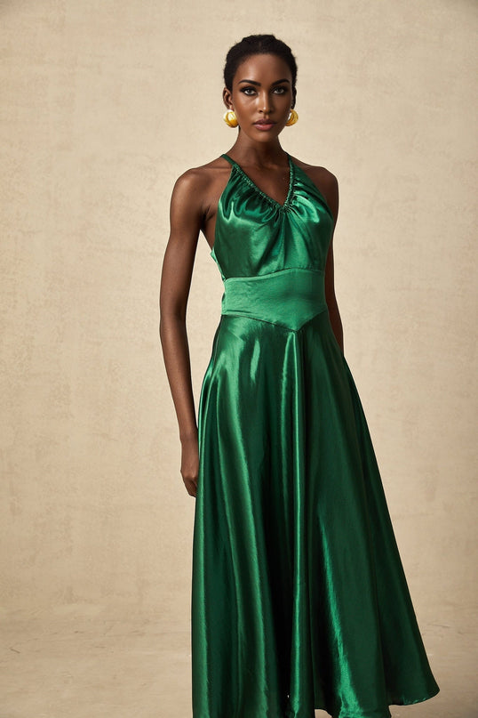 Kaitlyn Midi Dress in Emerald Green with V-neck design and open back
