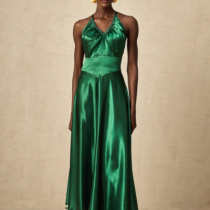 Kaitlyn Midi Dress in Emerald Green Sleeveless V-Neck Open Back Pleated Detailing Satin Straps Rear Zip Fastening 95% Polyester 5% Spandex