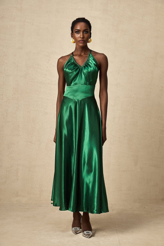 Kaitlyn Midi Dress in Emerald Green Sleeveless V-Neck Open Back Pleated Detailing Satin Straps Rear Zip Fastening 95% Polyester 5% Spandex
