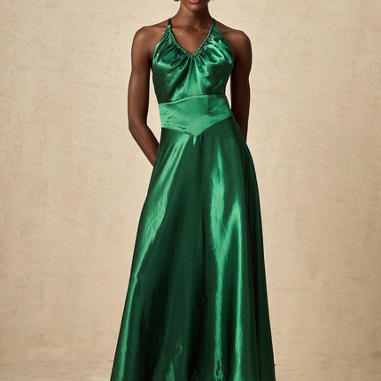 Kaitlyn Midi Dress in Emerald Green with V-neck design and open back