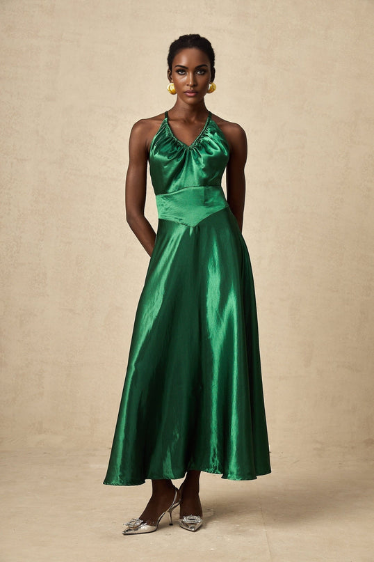 Kaitlyn Midi Dress in Emerald Green with V-neck design and open back