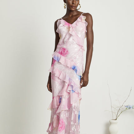 Kaitlyn Pink Floral Jacquard Maxi Dress with Plunging V-neck and Ruffles