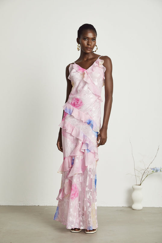 Kaitlyn Pink Floral Jacquard Maxi Dress with Plunging V-neck and Ruffles