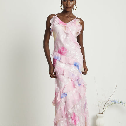 Kaitlyn Pink Floral Jacquard Maxi Dress V-neck Ruffle Sleeveless Spaghetti Strap Open Back Side Zip Floor Length Elegant Charm