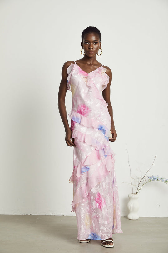 Kaitlyn Pink Floral Jacquard Maxi Dress V-neck Ruffle Sleeveless Spaghetti Strap Open Back Side Zip Floor Length Elegant Charm