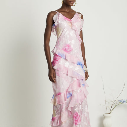 Kaitlyn Pink Maxi Dress V-neck Ruffles Floral Jacquard Sleeveless Spaghetti Straps Open Back Side Zip Floor Length Luxurious Blend