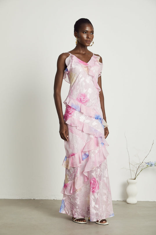 Kaitlyn Pink Maxi Dress V-neck Ruffles Floral Jacquard Sleeveless Spaghetti Straps Open Back Side Zip Floor Length Luxurious Blend
