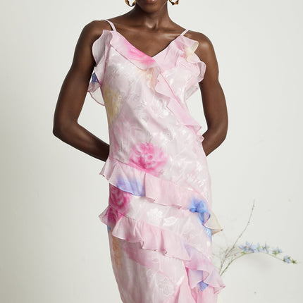 Kaitlyn Pink Maxi Dress V-neck Ruffles Floral Jacquard Sleeveless Spaghetti Straps Open Back Side Zip Floor Length Glamour 65% Viscose 35% Terylene