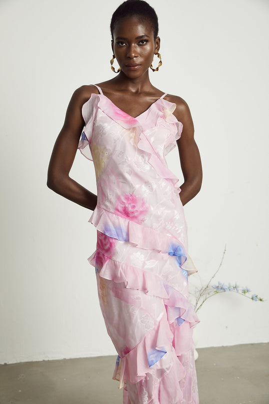 Kaitlyn Pink Maxi Dress V-neck Ruffles Floral Jacquard Sleeveless Spaghetti Straps Open Back Side Zip Floor Length Glamour 65% Viscose 35% Terylene