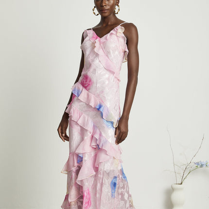 Kaitlyn Pink Maxi Dress V-neck Ruffles Floral Jacquard Sleeveless Spaghetti Straps Open Back Side Zip Floor Length Elegant Charm
