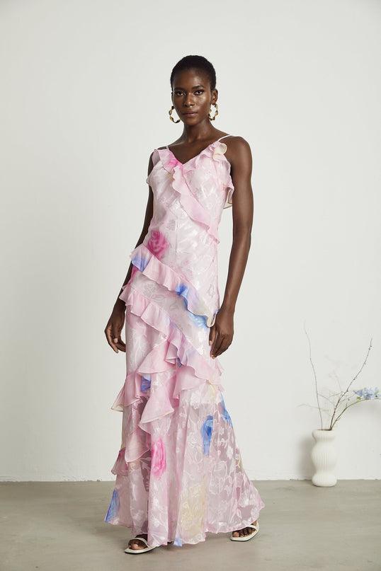Kaitlyn Pink Maxi Dress V-neck Ruffles Floral Jacquard Sleeveless Spaghetti Straps Open Back Side Zip Floor Length Elegant Charm
