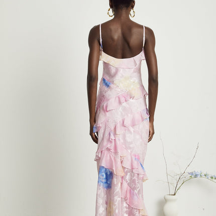 Kaitlyn Pink Maxi Dress V-neck Ruffle Floral Jacquard Sleeveless Spaghetti Straps Open Back Side Zip Floor Length Elegant Glamourous