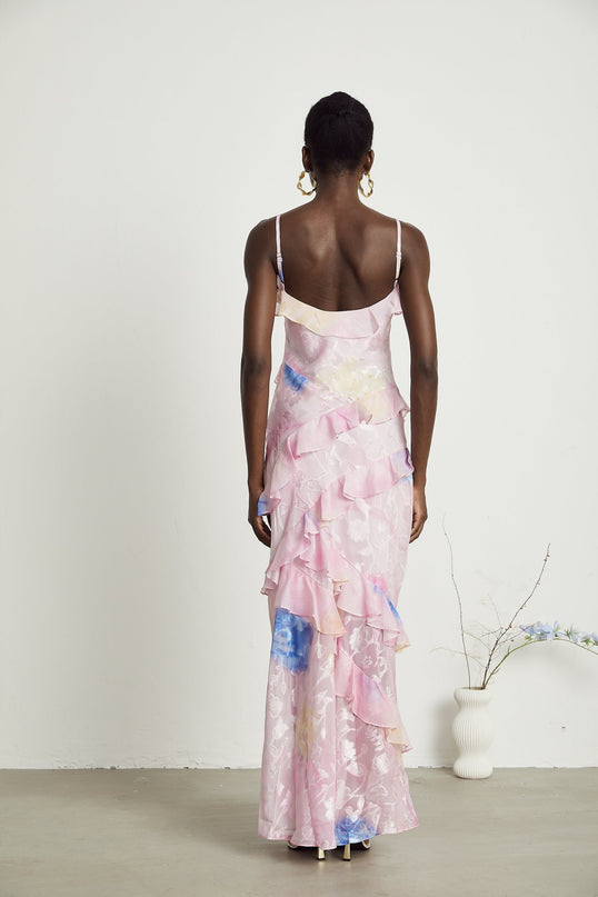 Kaitlyn Pink Maxi Dress V-neck Ruffle Floral Jacquard Sleeveless Spaghetti Straps Open Back Side Zip Floor Length Elegant Glamourous