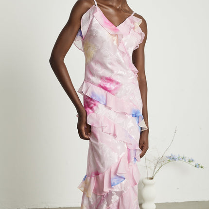 Kaitlyn Pink Maxi Dress V-neck Ruffle Floral Jacquard Sleeveless Spaghetti Straps Open Back Side Zip Floor Length Glamour 65% Viscose 35% Terylene