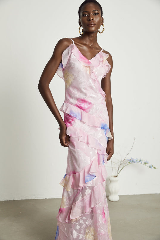 Kaitlyn Pink Maxi Dress V-neck Ruffle Floral Jacquard Sleeveless Spaghetti Straps Open Back Side Zip Floor Length Glamour 65% Viscose 35% Terylene