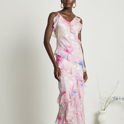 Kaitlyn Pink Maxi Dress V-neck Floral Jacquard Ruffles Sleeveless Spaghetti Straps Open Back Side Zip Floor Length
