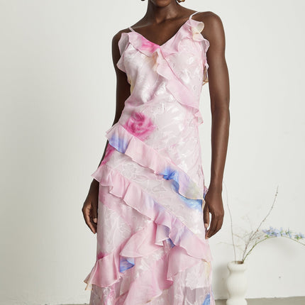 Kaitlyn Pink Maxi Dress V-Neck Ruffle Floral Jacquard Sleeveless Spaghetti Straps Open Back Side Zip Floor Length Glamour