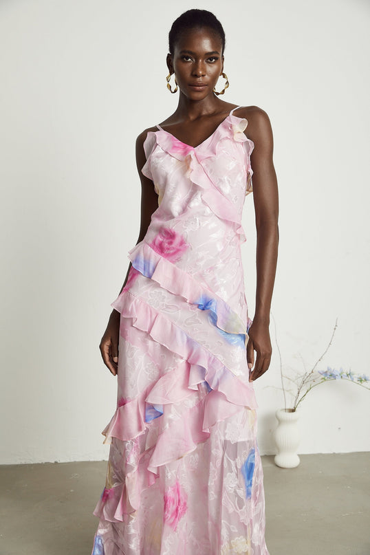 Kaitlyn Pink Maxi Dress V-Neck Ruffle Floral Jacquard Sleeveless Spaghetti Straps Open Back Side Zip Floor Length Glamour