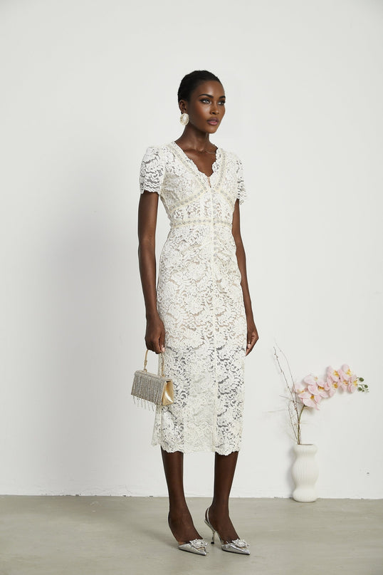 Kalena embellished lace midi dress