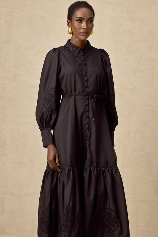 Kali Black Pleated Flared Midi Dress with Embroidery and Lace Detailing
