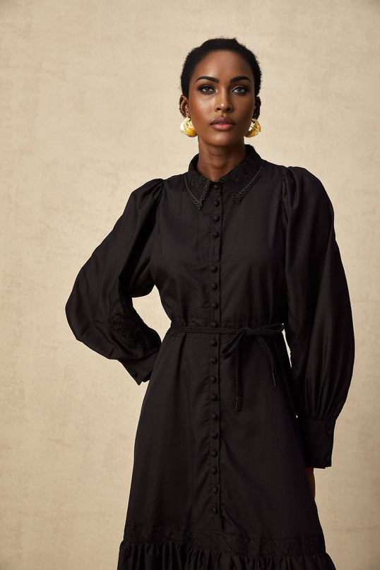 Kali Black Pleated Flared Midi Dress with Embroidery and Lace Detailing