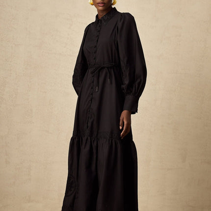 Kali Black Pleated Flared Midi Dress with Lace Detailing and Balloon Sleeves