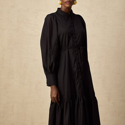Kali Black Pleated Flared Midi Dress with Lace Detailing and Balloon Sleeves