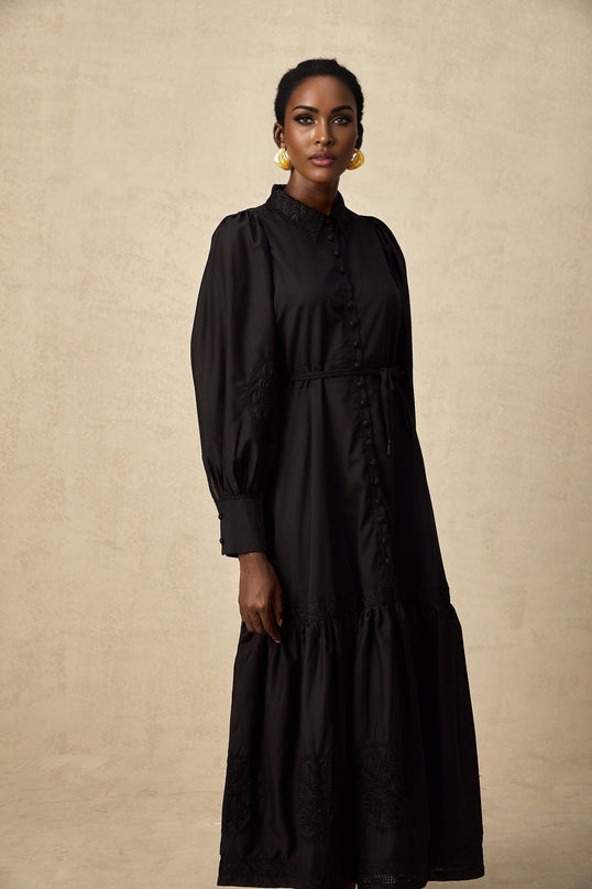 Kali Black Pleated Flared Midi Dress with Lace Detailing and Balloon Sleeves