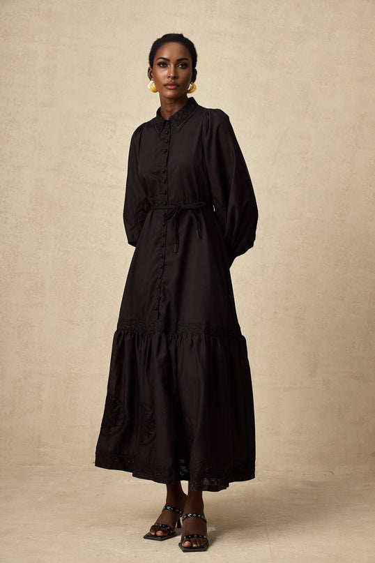 Kali Black Pleated Flared Midi Dress with Balloon Sleeves and Embroidery Detailing