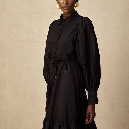 Kali Black Pleated Flared Midi Dress with Long Balloon Sleeves and Lace Detailing