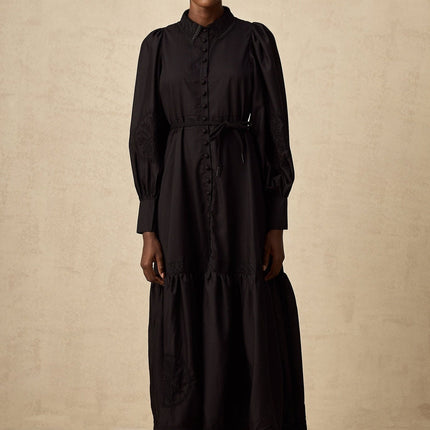 Kali Black Pleated Flared Midi Dress with Balloon Sleeves and Lace Detailing