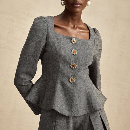 Kali Grey Herringbone Peplum Crystal Embellished Top and Shorts Set