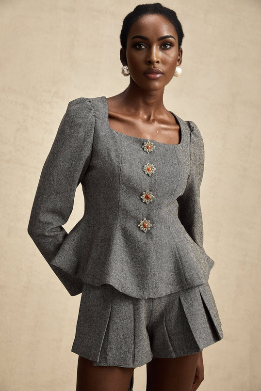 Kali Grey Herringbone Peplum Crystal Embellished Top and Shorts Set