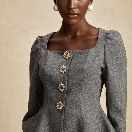 Kali Grey Herringbone Peplum Crystal Embellished Top and Shorts Set