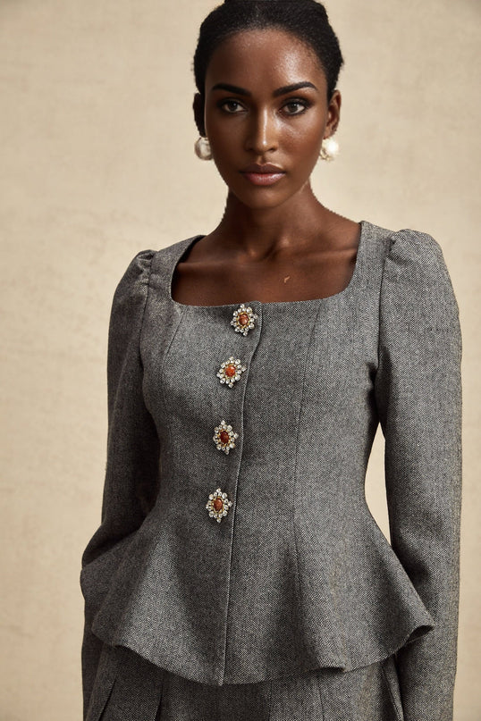 Kali Grey Herringbone Peplum Crystal Embellished Top and Shorts Set